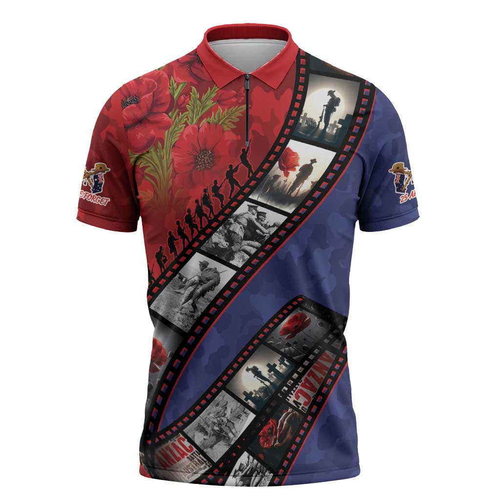 Personalised ANZAC Spirit 1915-2026 Filmstrip Tribute Zipper Polo Shirt Lest We Forget 25 April LT9 Red - Polynesian Pride
