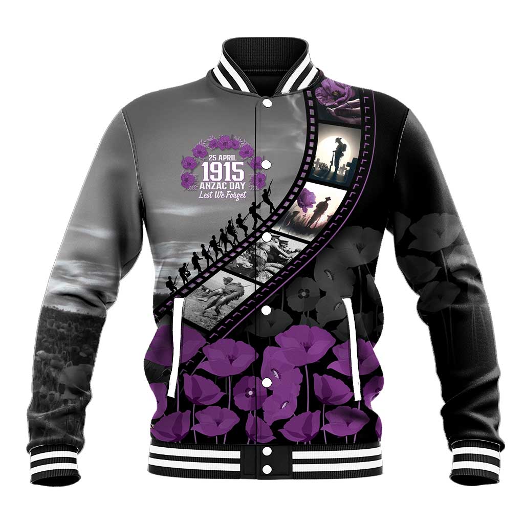 Personalised Remembering ANZAC Lest We Forget Baseball Jacket Vintage Film Frame Memorial Purple Poppy LT9 Unisex Purple - Polynesian Pride