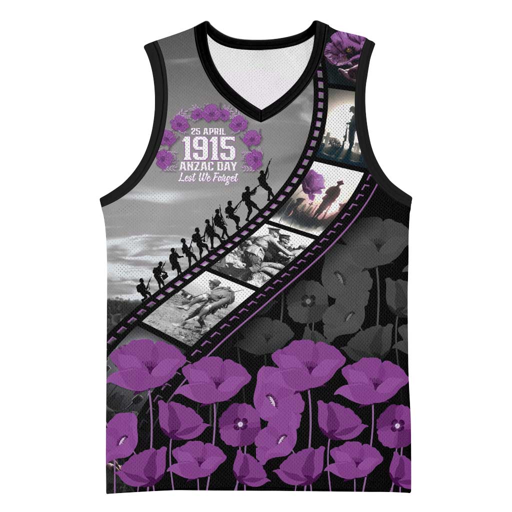 Personalised Remembering ANZAC Lest We Forget Basketball Jersey Vintage Film Frame Memorial Purple Poppy LT9 Unisex Purple - Polynesian Pride