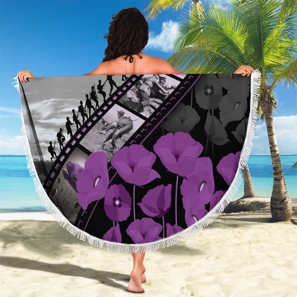 Personalised Remembering ANZAC Lest We Forget Beach Blanket Vintage Film Frame Memorial Purple Poppy