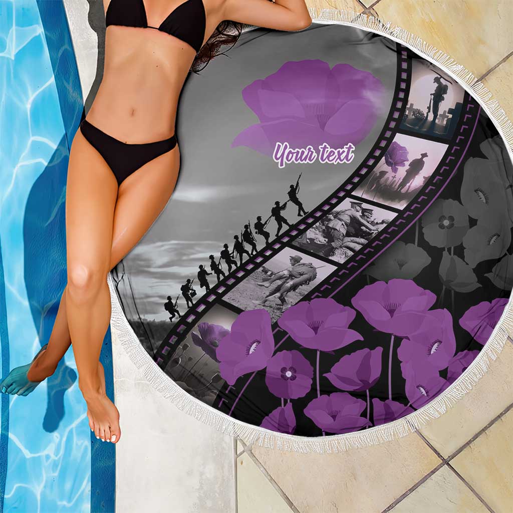 Personalised Remembering ANZAC Lest We Forget Beach Blanket Vintage Film Frame Memorial Purple Poppy