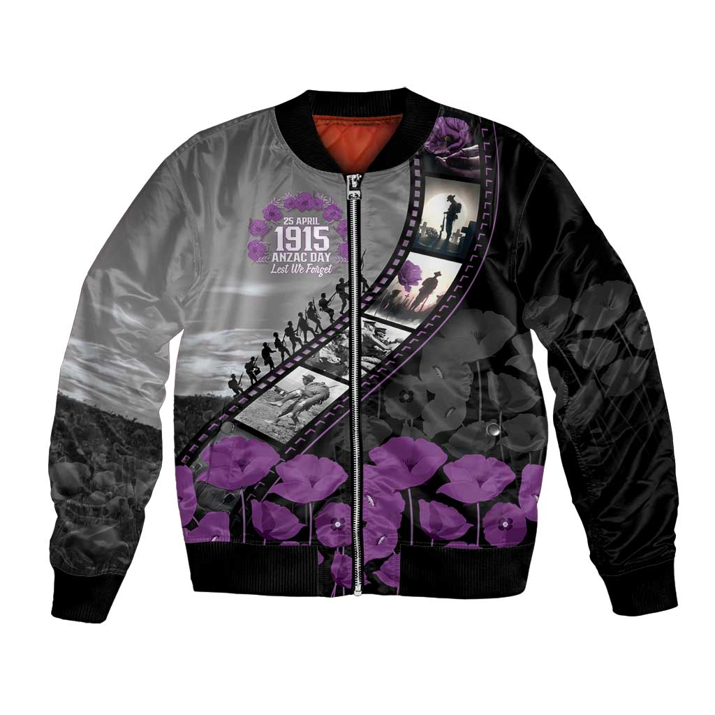 Personalised Remembering ANZAC Lest We Forget Bomber Jacket Vintage Film Frame Memorial Purple Poppy LT9 Unisex Purple - Polynesian Pride