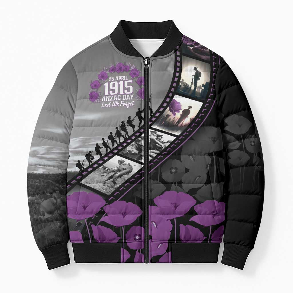 Personalised Remembering ANZAC Lest We Forget Bomber Puffer Jacket Vintage Film Frame Memorial Purple Poppy LT9 Unisex Purple - Polynesian Pride