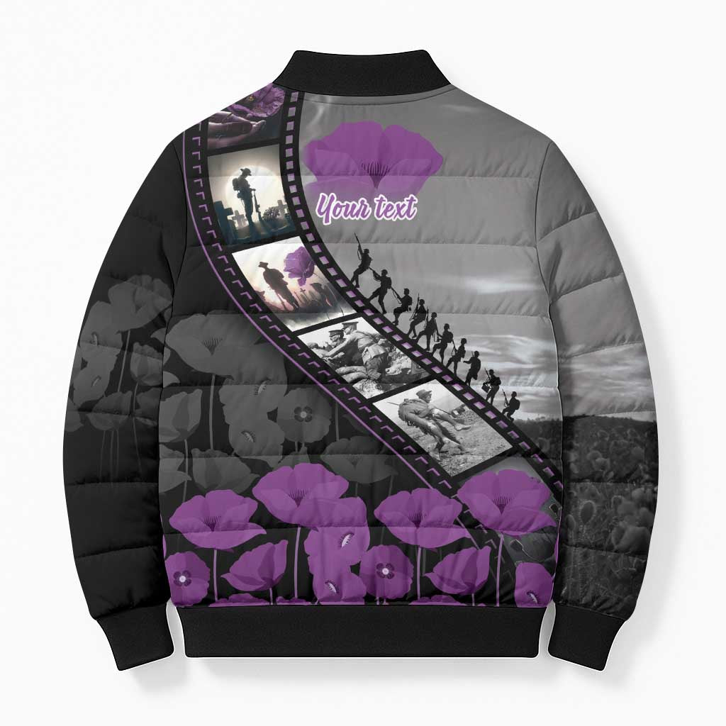 Personalised Remembering ANZAC Lest We Forget Bomber Puffer Jacket Vintage Film Frame Memorial Purple Poppy LT9 - Polynesian Pride