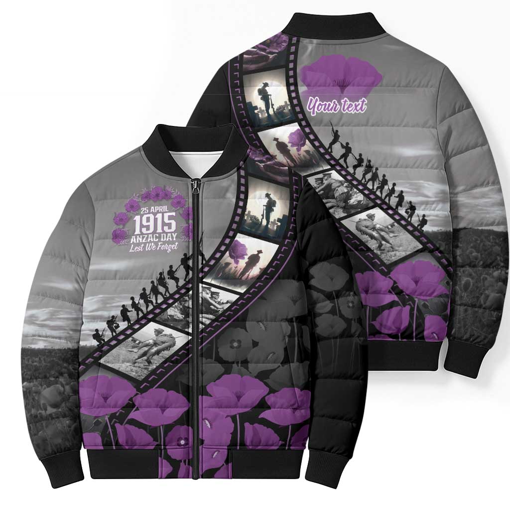 Personalised Remembering ANZAC Lest We Forget Bomber Puffer Jacket Vintage Film Frame Memorial Purple Poppy LT9 - Polynesian Pride