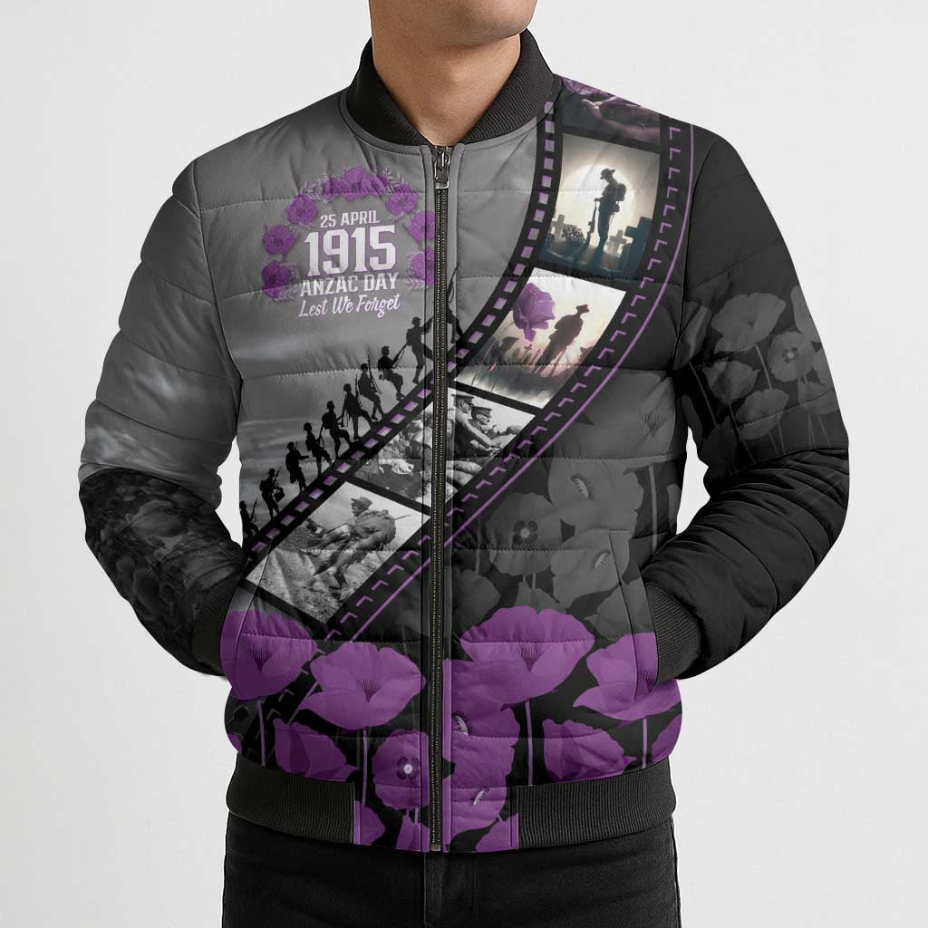 Personalised Remembering ANZAC Lest We Forget Bomber Puffer Jacket Vintage Film Frame Memorial Purple Poppy LT9 - Polynesian Pride