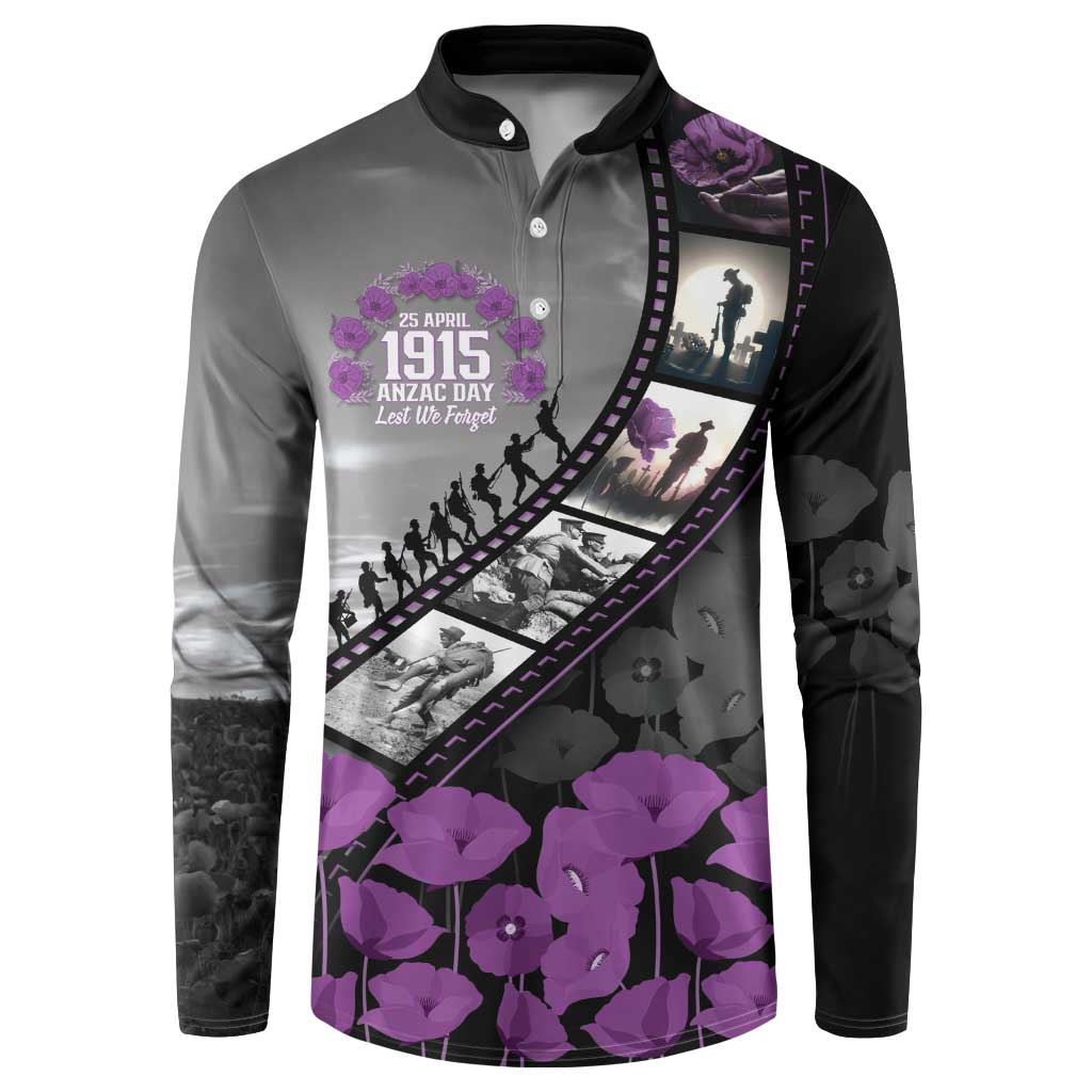 Personalised Remembering ANZAC Lest We Forget Button Sweatshirt Vintage Film Frame Memorial Purple Poppy LT9 Purple - Polynesian Pride
