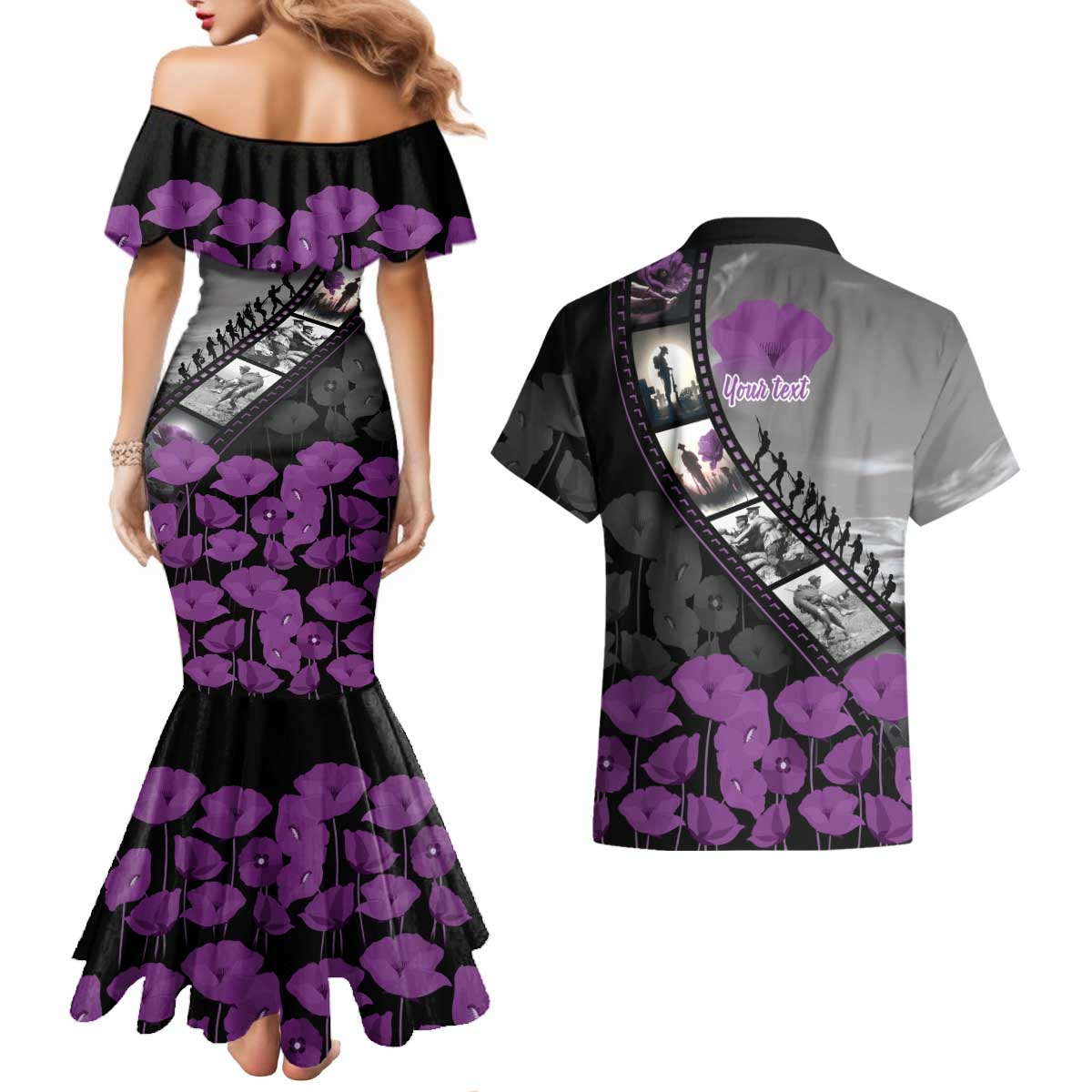 Personalised Remembering ANZAC Lest We Forget Couples Matching Mermaid Dress and Hawaiian Shirt Vintage Film Frame Memorial Purple Poppy