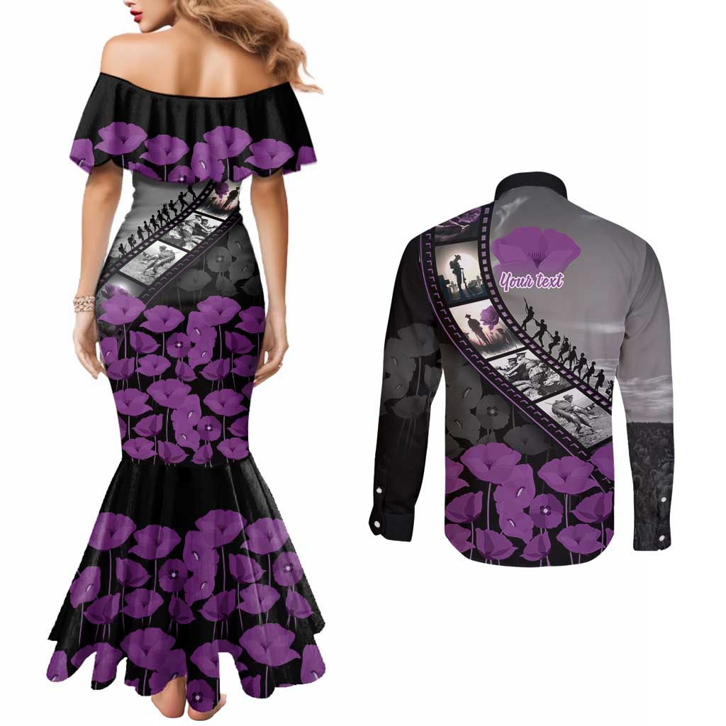 Personalised Remembering ANZAC Lest We Forget Couples Matching Mermaid Dress and Long Sleeve Button Shirt Vintage Film Frame Memorial Purple Poppy