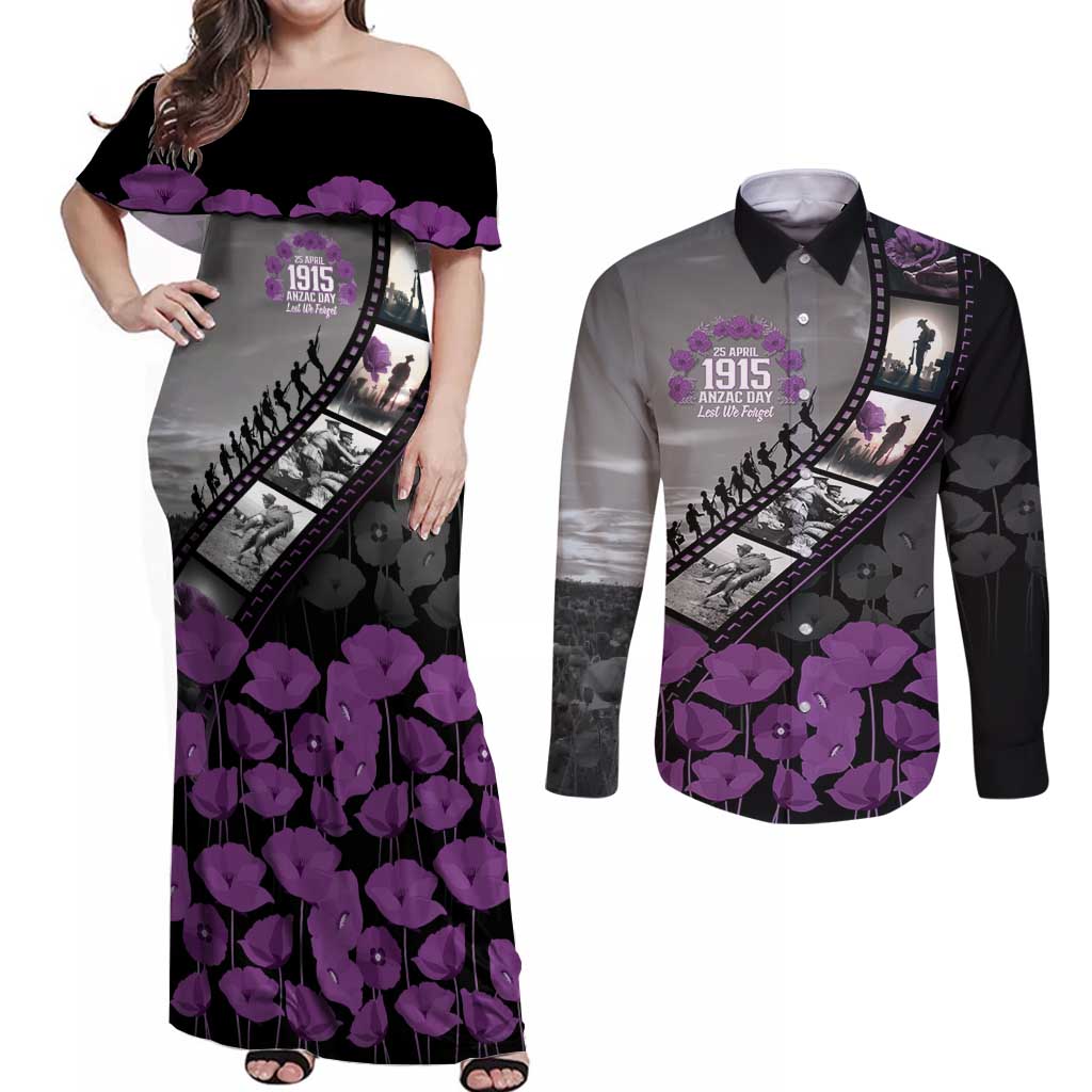 Personalised Remembering ANZAC Lest We Forget Couples Matching Off Shoulder Maxi Dress and Long Sleeve Button Shirt Vintage Film Frame Memorial Purple Poppy LT9 Purple - Polynesian Pride