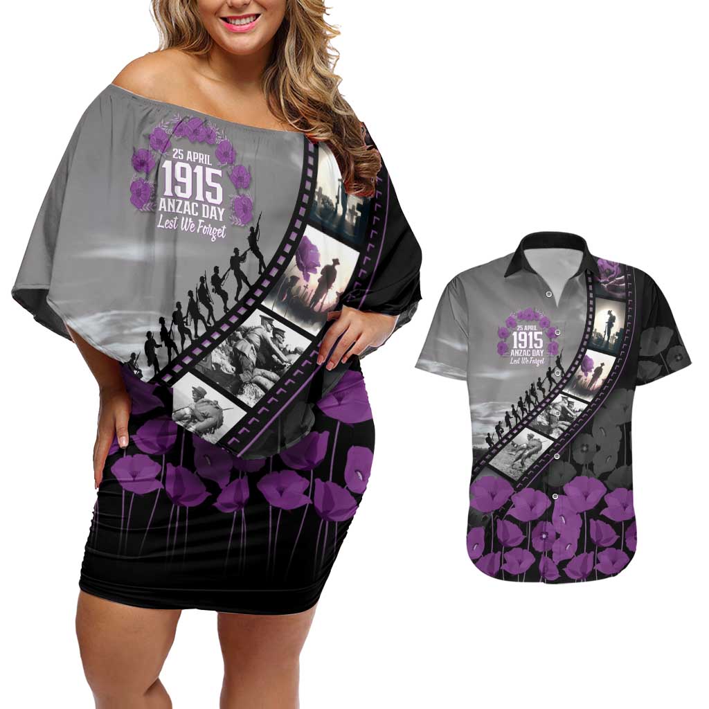 Personalised Remembering ANZAC Lest We Forget Couples Matching Off Shoulder Short Dress and Hawaiian Shirt Vintage Film Frame Memorial Purple Poppy LT9 Purple - Polynesian Pride