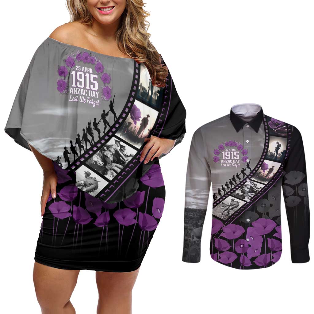 Personalised Remembering ANZAC Lest We Forget Couples Matching Off Shoulder Short Dress and Long Sleeve Button Shirt Vintage Film Frame Memorial Purple Poppy LT9 Purple - Polynesian Pride