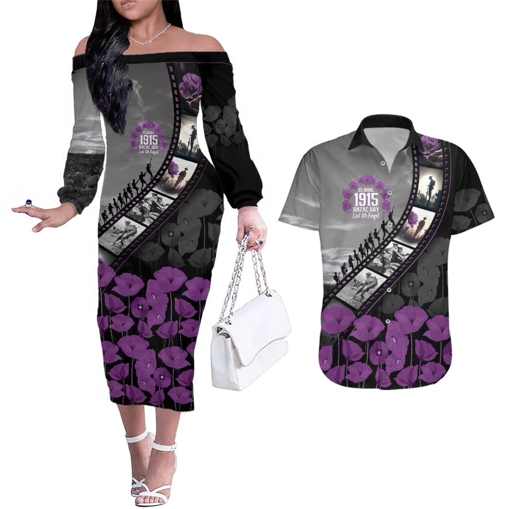 Personalised Remembering ANZAC Lest We Forget Couples Matching Off The Shoulder Long Sleeve Dress and Hawaiian Shirt Vintage Film Frame Memorial Purple Poppy
