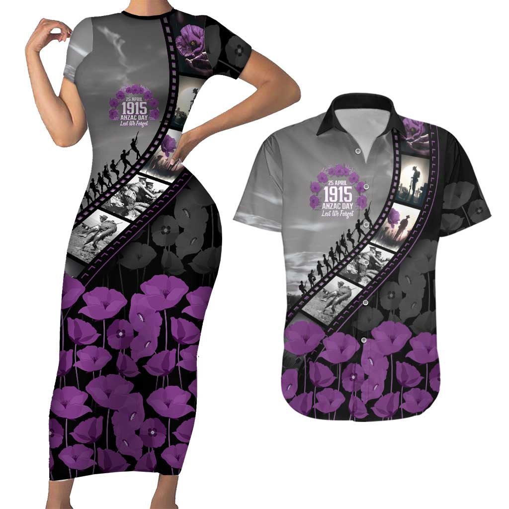 Personalised Remembering ANZAC Lest We Forget Couples Matching Short Sleeve Bodycon Dress and Hawaiian Shirt Vintage Film Frame Memorial Purple Poppy LT9 Purple - Polynesian Pride