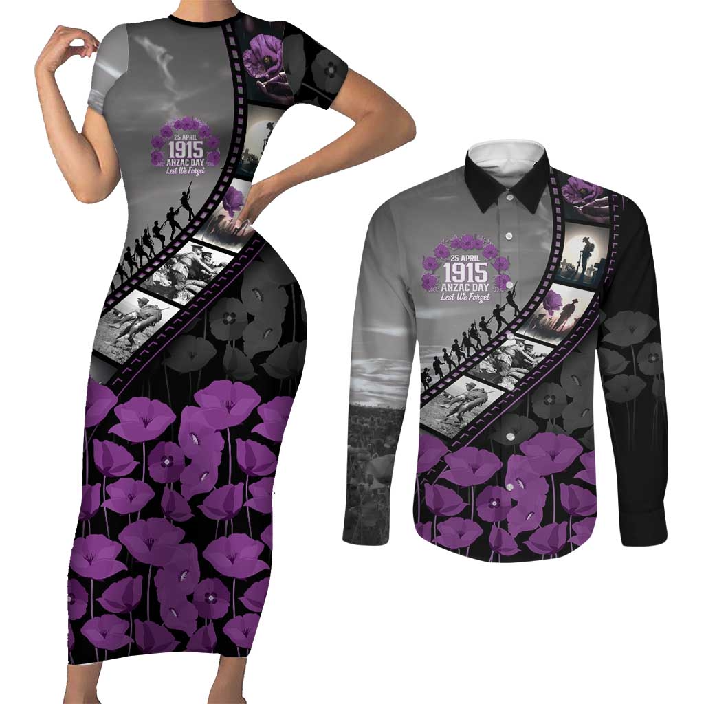 Personalised Remembering ANZAC Lest We Forget Couples Matching Short Sleeve Bodycon Dress and Long Sleeve Button Shirt Vintage Film Frame Memorial Purple Poppy LT9 Purple - Polynesian Pride