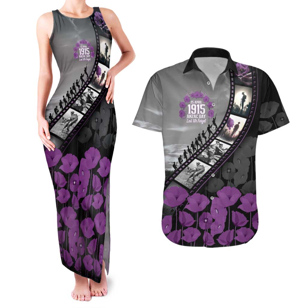 Personalised Remembering ANZAC Lest We Forget Couples Matching Tank Maxi Dress and Hawaiian Shirt Vintage Film Frame Memorial Purple Poppy