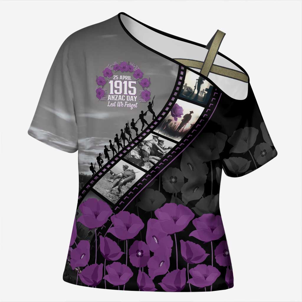 Personalised Remembering ANZAC Lest We Forget Cross Shoulder Shirt Vintage Film Frame Memorial Purple Poppy LT9 Female Purple - Polynesian Pride