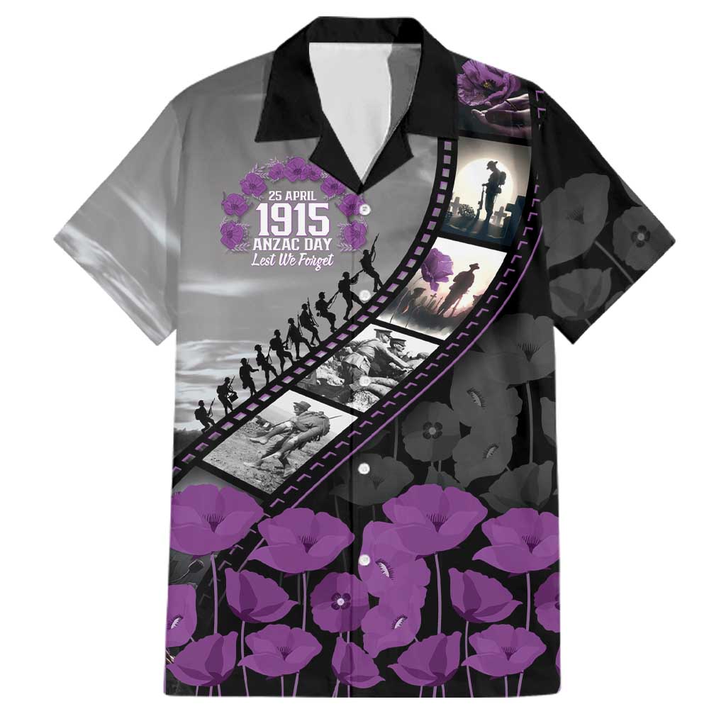 Personalised Remembering ANZAC Lest We Forget Family Matching Off The Shoulder Long Sleeve Dress and Hawaiian Shirt Vintage Film Frame Memorial Purple Poppy