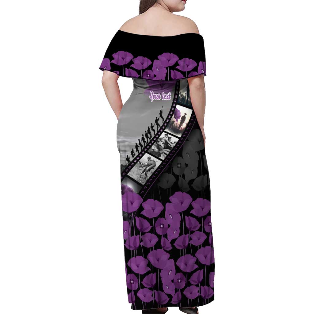 Personalised Remembering ANZAC Lest We Forget Family Matching Off Shoulder Maxi Dress and Hawaiian Shirt Vintage Film Frame Memorial Purple Poppy