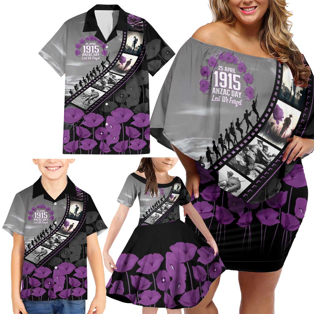 Personalised Remembering ANZAC Lest We Forget Family Matching Off Shoulder Short Dress and Hawaiian Shirt Vintage Film Frame Memorial Purple Poppy LT9 - Polynesian Pride