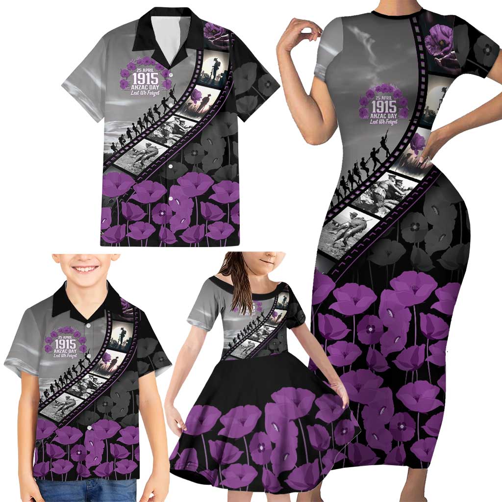 Personalised Remembering ANZAC Lest We Forget Family Matching Short Sleeve Bodycon Dress and Hawaiian Shirt Vintage Film Frame Memorial Purple Poppy LT9 - Polynesian Pride