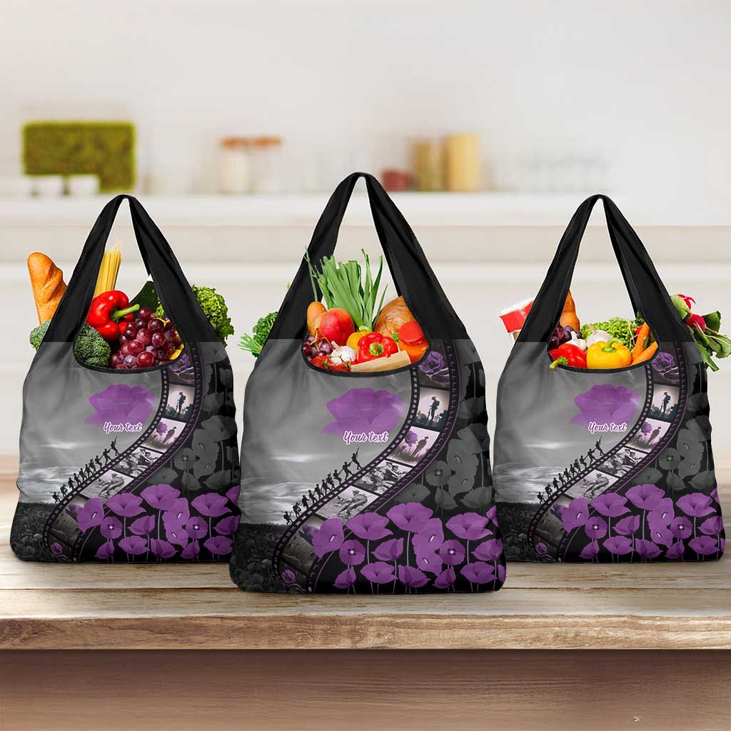 Personalised Remembering ANZAC Lest We Forget Grocery Bag Vintage Film Frame Memorial Purple Poppy LT9 3-pack One Size Purple - Polynesian Pride