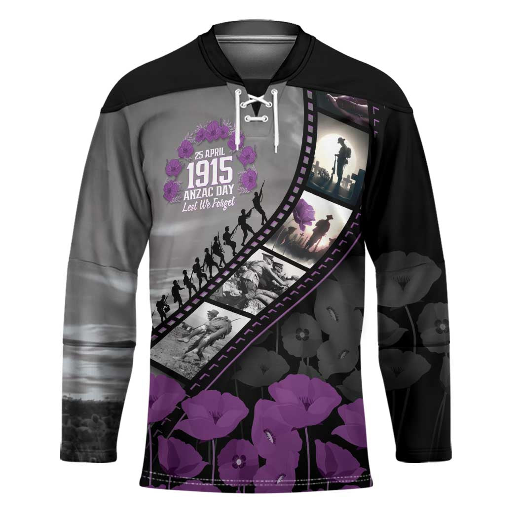 Personalised Remembering ANZAC Lest We Forget Hockey Jersey Vintage Film Frame Memorial Purple Poppy LT9 Unisex Purple - Polynesian Pride