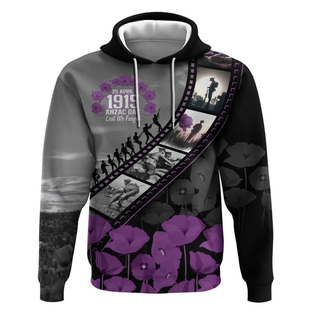 Personalised Remembering ANZAC Lest We Forget Hoodie Vintage Film Frame Memorial Purple Poppy LT9 Pullover Hoodie Purple - Polynesian Pride