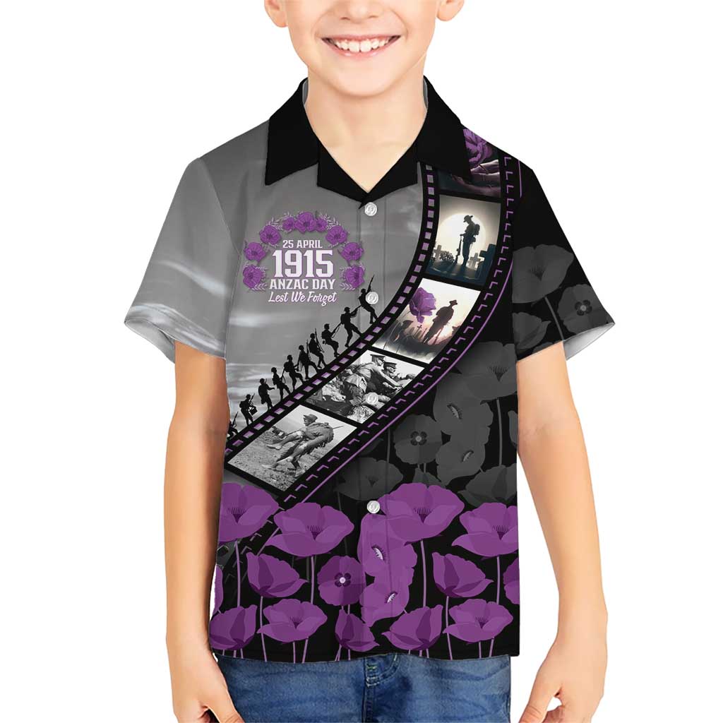 Personalised Remembering ANZAC Lest We Forget Kid Hawaiian Shirt Vintage Film Frame Memorial Purple Poppy