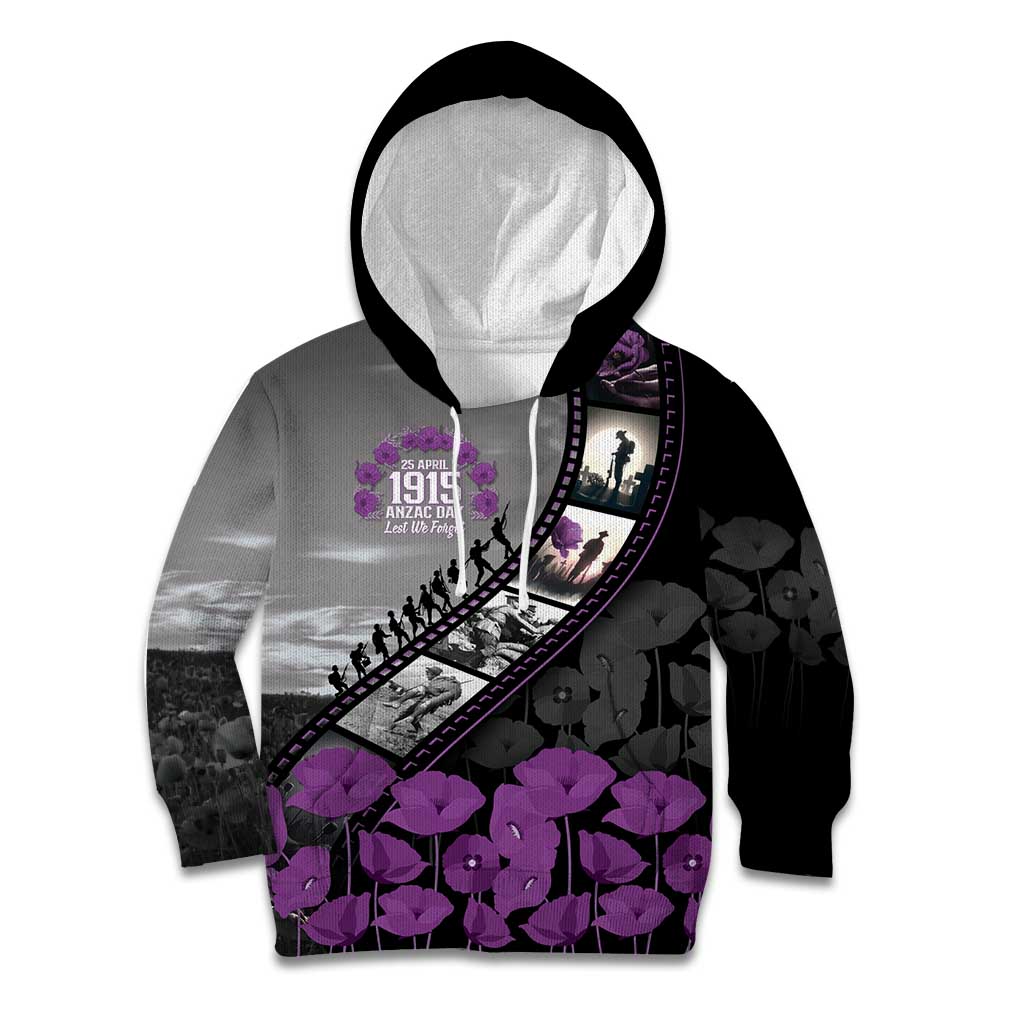 Personalised Remembering ANZAC Lest We Forget Kid Hoodie Vintage Film Frame Memorial Purple Poppy LT9 Hoodie Purple - Polynesian Pride