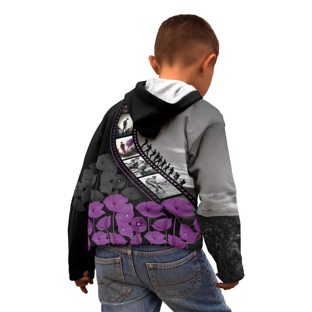 Personalised Remembering ANZAC Lest We Forget Kid Hoodie Vintage Film Frame Memorial Purple Poppy LT9 - Polynesian Pride
