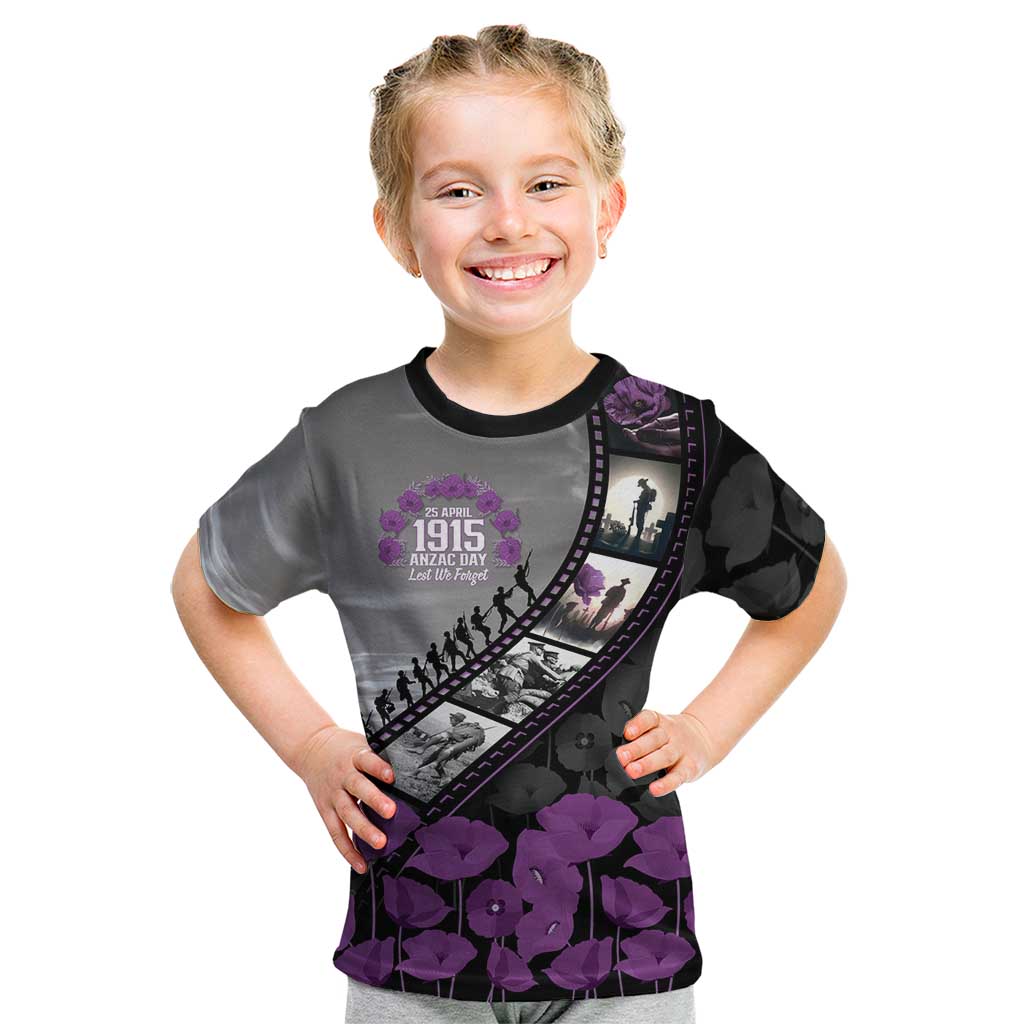 Personalised Remembering ANZAC Lest We Forget Kid T Shirt Vintage Film Frame Memorial Purple Poppy LT9 Purple - Polynesian Pride