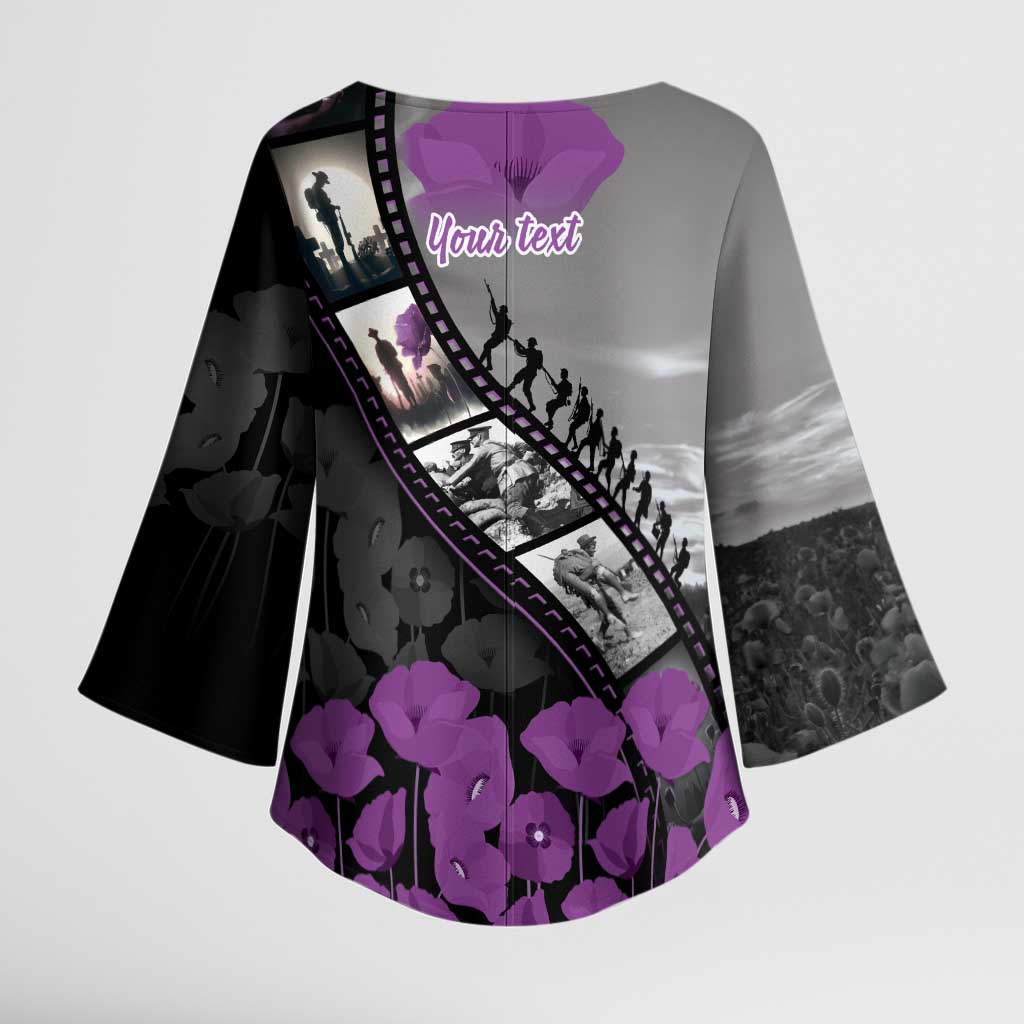 Personalised Remembering ANZAC Lest We Forget Kimono Sleeve Blouse Vintage Film Frame Memorial Purple Poppy LT9 - Polynesian Pride