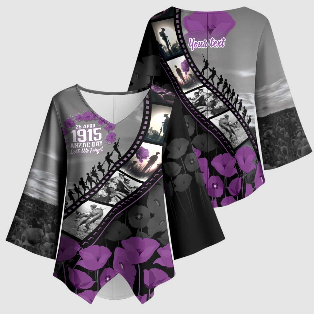 Personalised Remembering ANZAC Lest We Forget Kimono Sleeve Blouse Vintage Film Frame Memorial Purple Poppy LT9 - Polynesian Pride
