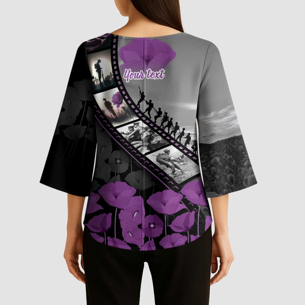 Personalised Remembering ANZAC Lest We Forget Kimono Sleeve Blouse Vintage Film Frame Memorial Purple Poppy LT9 - Polynesian Pride
