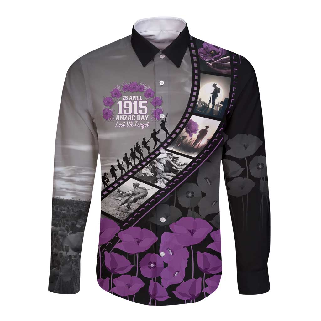 Personalised Remembering ANZAC Lest We Forget Long Sleeve Button Shirt Vintage Film Frame Memorial Purple Poppy LT9 Unisex Purple - Polynesian Pride