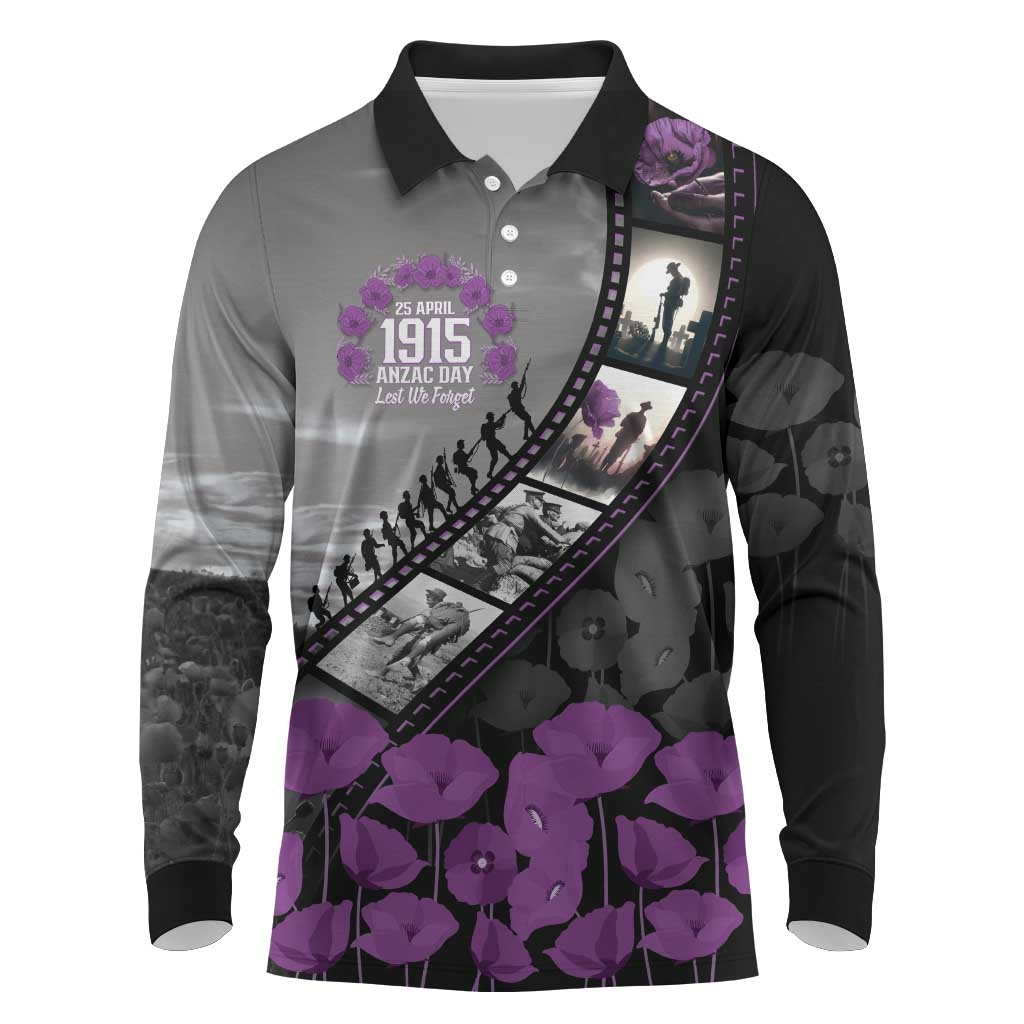Personalised Remembering ANZAC Lest We Forget Long Sleeve Polo Shirt Vintage Film Frame Memorial Purple Poppy LT9 Purple - Polynesian Pride