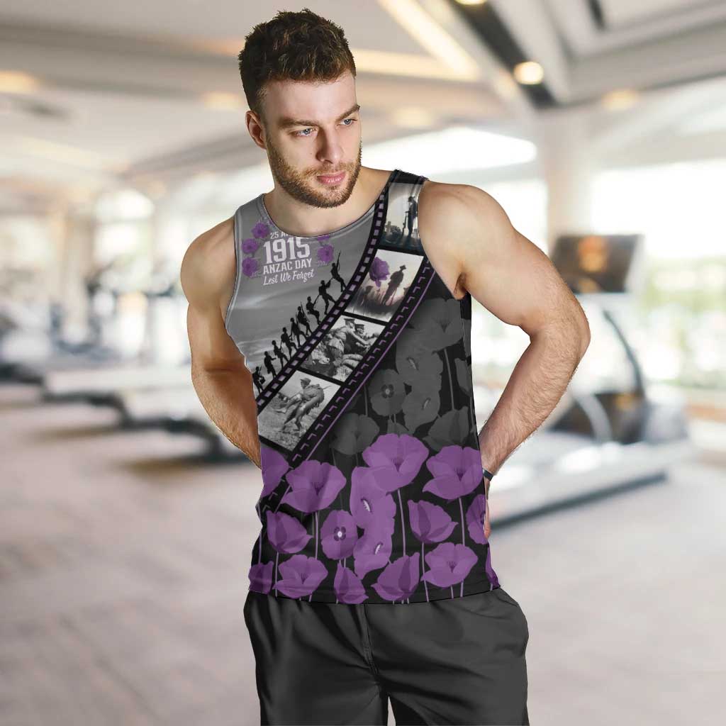 Personalised Remembering ANZAC Lest We Forget Men Tank Top Vintage Film Frame Memorial Purple Poppy LT9 Purple - Polynesian Pride