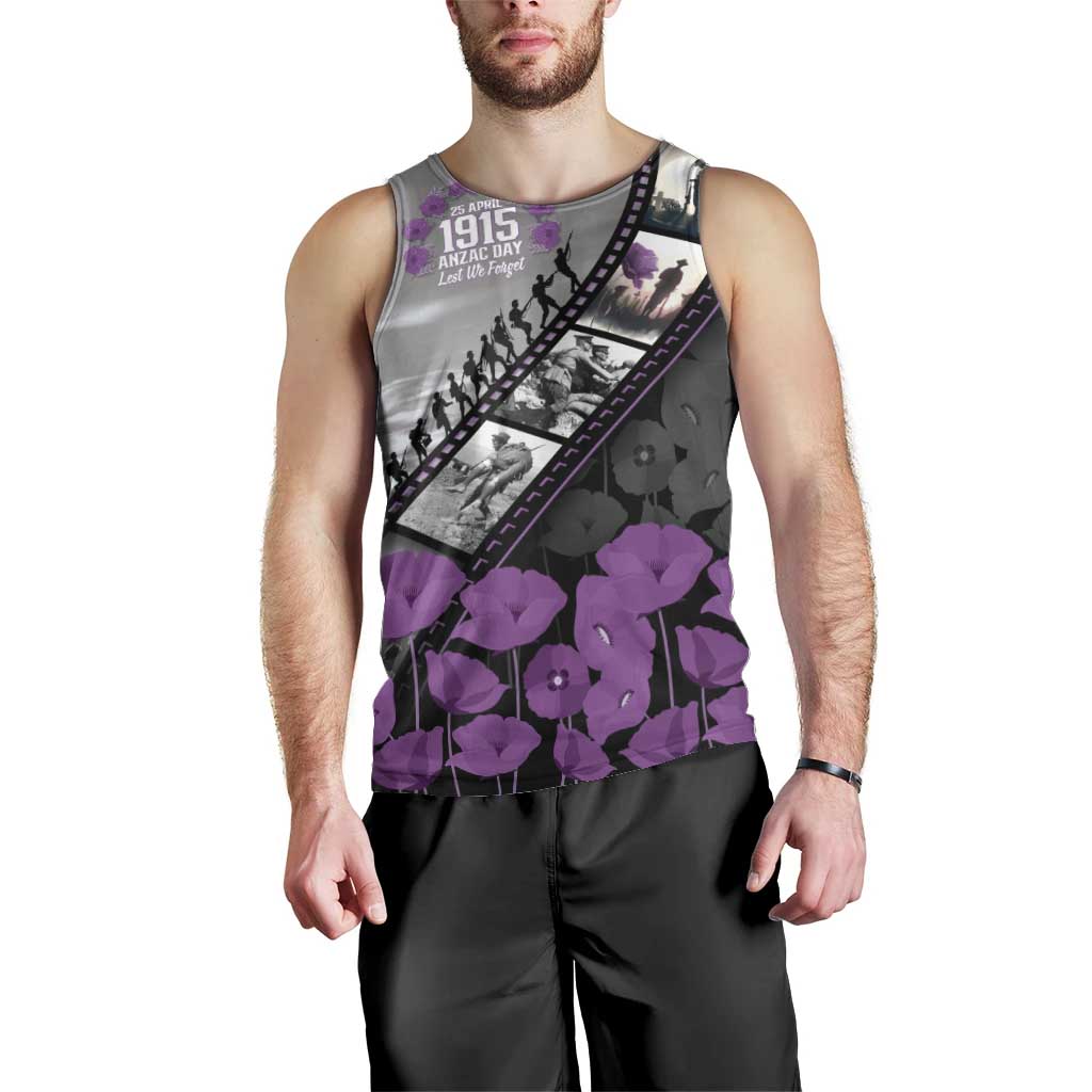 Personalised Remembering ANZAC Lest We Forget Men Tank Top Vintage Film Frame Memorial Purple Poppy