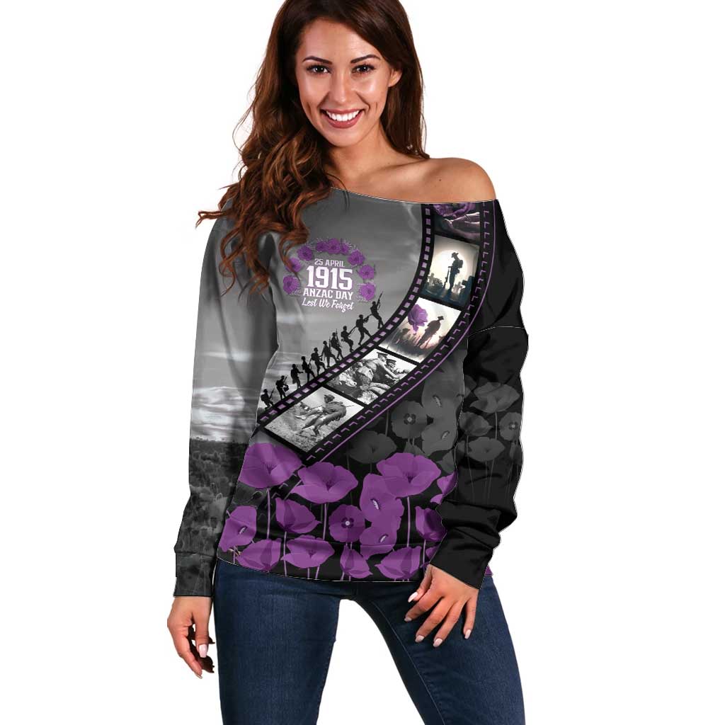 Personalised Remembering ANZAC Lest We Forget Off Shoulder Sweater Vintage Film Frame Memorial Purple Poppy LT9 Women Purple - Polynesian Pride