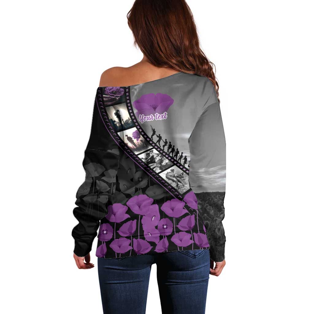 Personalised Remembering ANZAC Lest We Forget Off Shoulder Sweater Vintage Film Frame Memorial Purple Poppy LT9 - Polynesian Pride