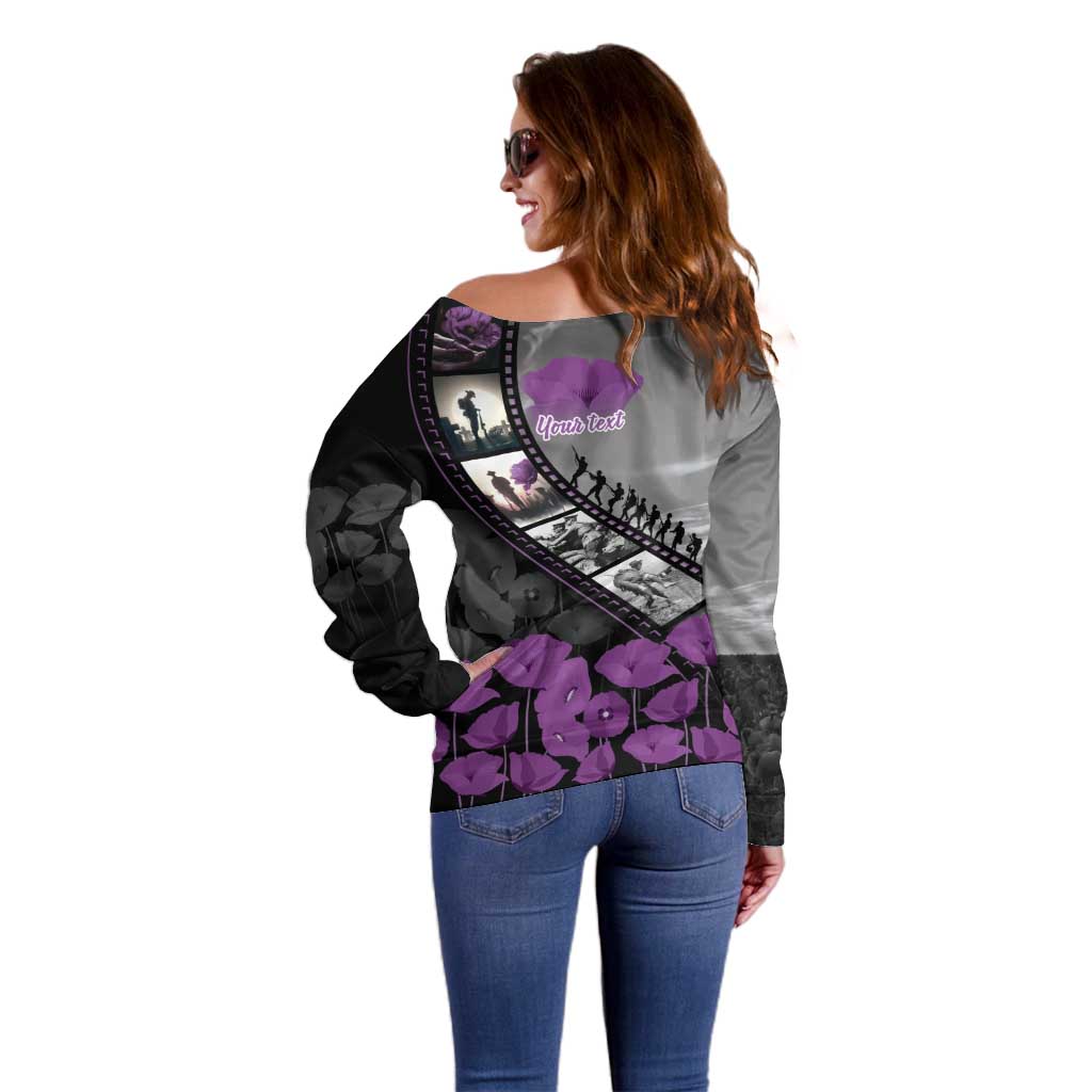 Personalised Remembering ANZAC Lest We Forget Off Shoulder Sweater Vintage Film Frame Memorial Purple Poppy LT9 - Polynesian Pride