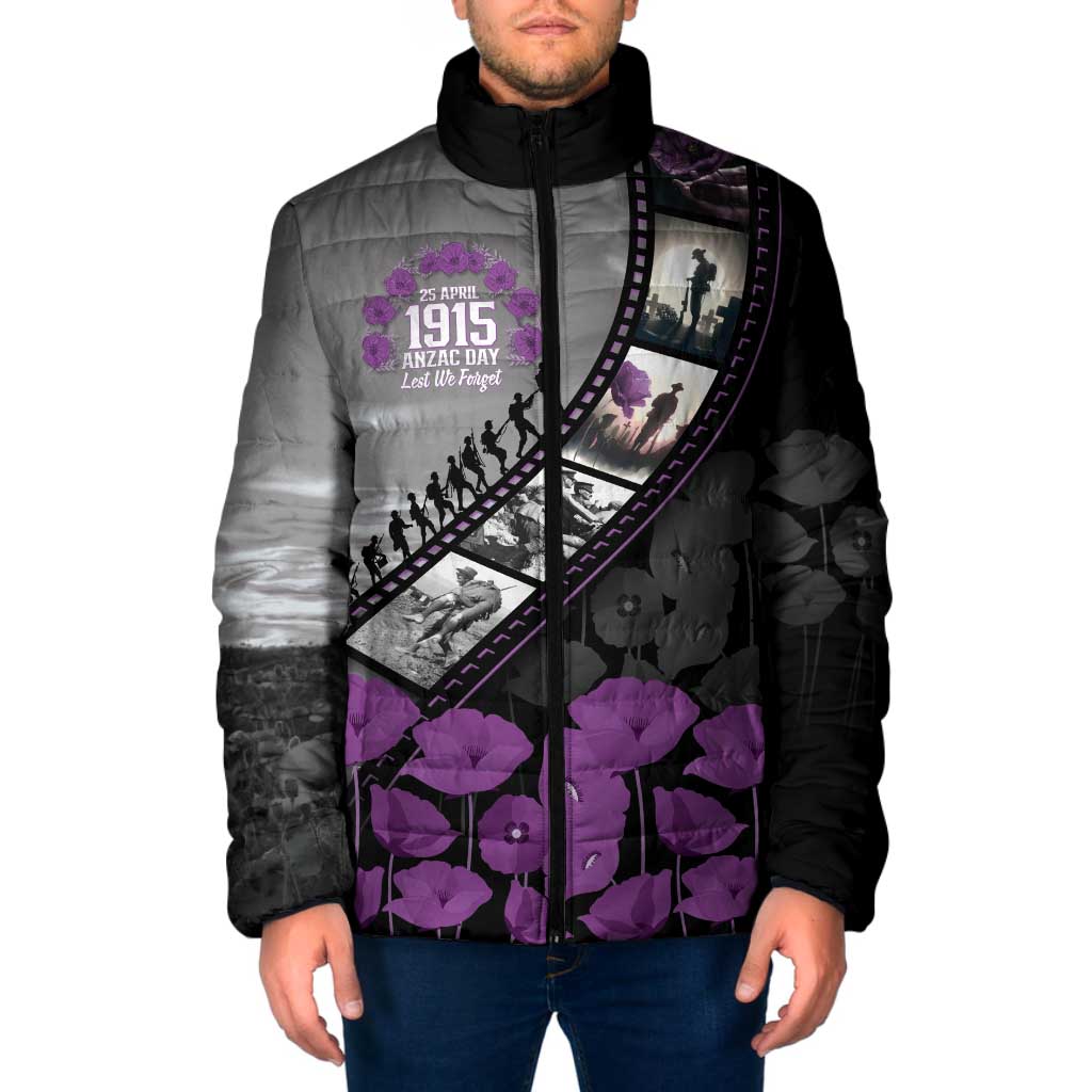 Personalised Remembering ANZAC Lest We Forget Padded Jacket Vintage Film Frame Memorial Purple Poppy LT9 Men Purple - Polynesian Pride