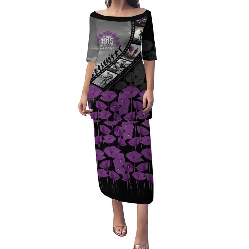 Personalised Remembering ANZAC Lest We Forget Puletasi Vintage Film Frame Memorial Purple Poppy LT9 Long Dress Purple - Polynesian Pride