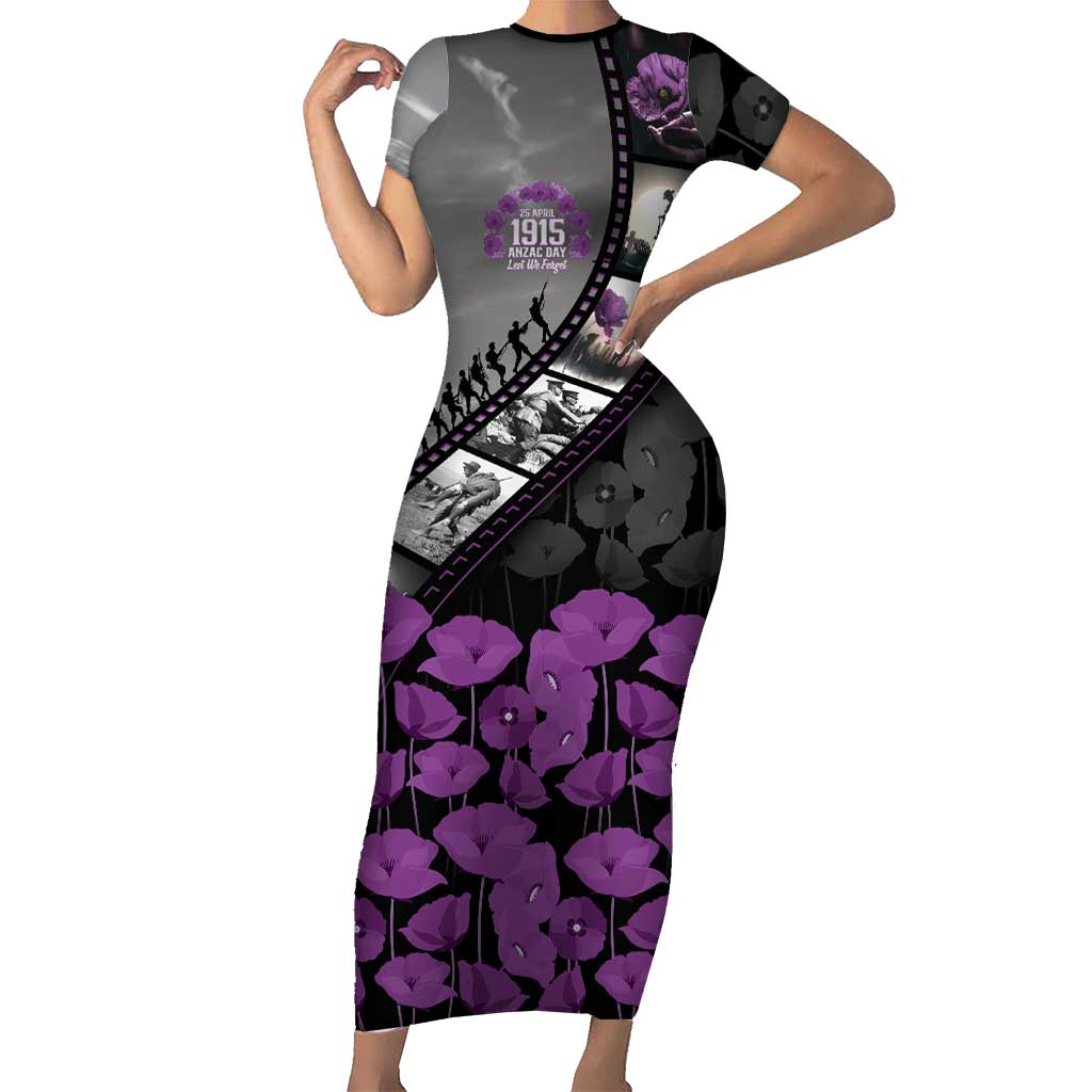 Personalised Remembering ANZAC Lest We Forget Short Sleeve Bodycon Dress Vintage Film Frame Memorial Purple Poppy LT9 Long Dress Purple - Polynesian Pride