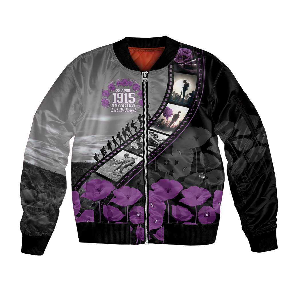 Personalised Remembering ANZAC Lest We Forget Sleeve Zip Bomber Jacket Vintage Film Frame Memorial Purple Poppy LT9 Unisex Purple - Polynesian Pride