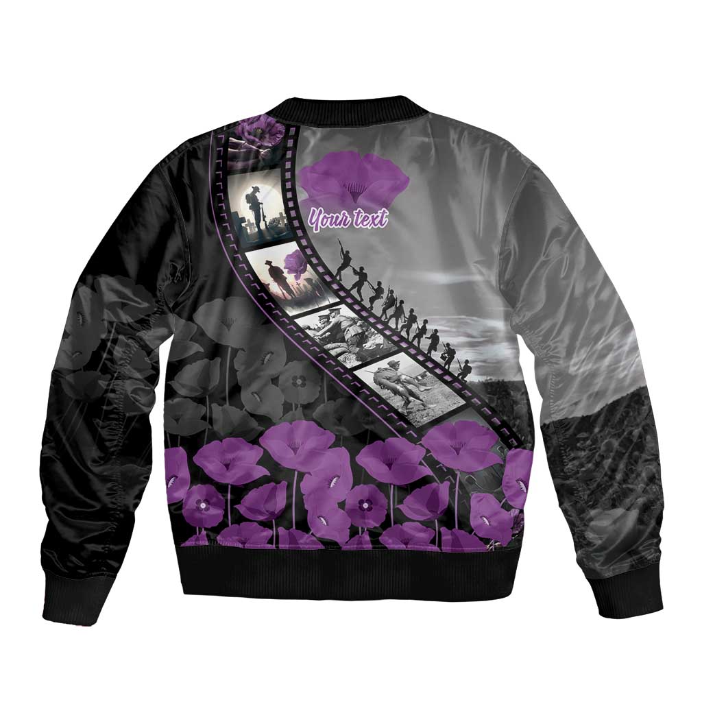 Personalised Remembering ANZAC Lest We Forget Sleeve Zip Bomber Jacket Vintage Film Frame Memorial Purple Poppy LT9 - Polynesian Pride
