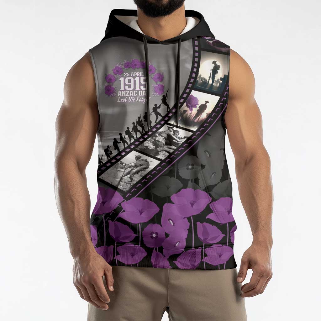 Personalised Remembering ANZAC Lest We Forget Sleeveless Hoodie Vintage Film Frame Memorial Purple Poppy LT9 - Polynesian Pride