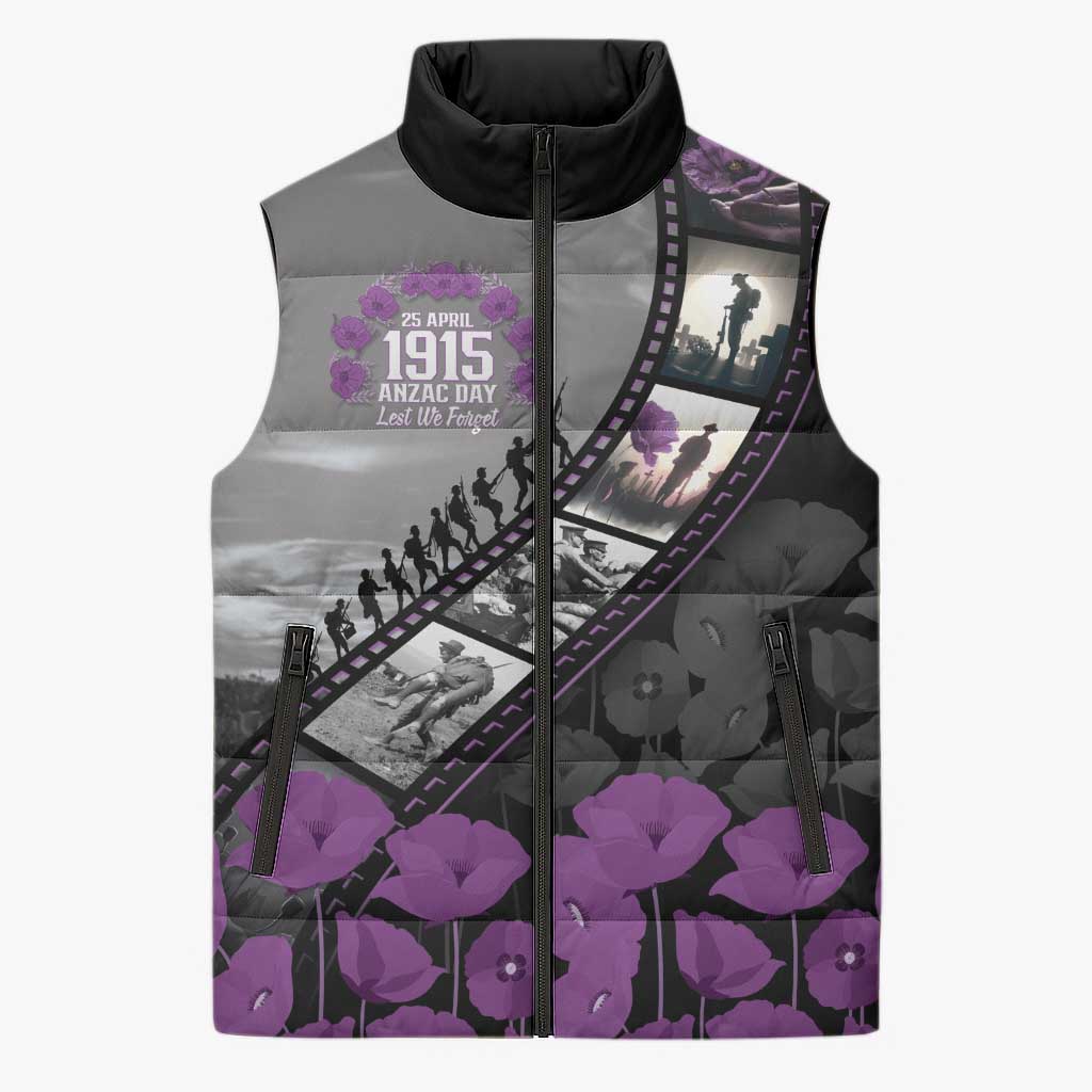 Personalised Remembering ANZAC Lest We Forget Sleeveless Puffer Jacket Vintage Film Frame Memorial Purple Poppy LT9 Unisex Purple - Polynesian Pride