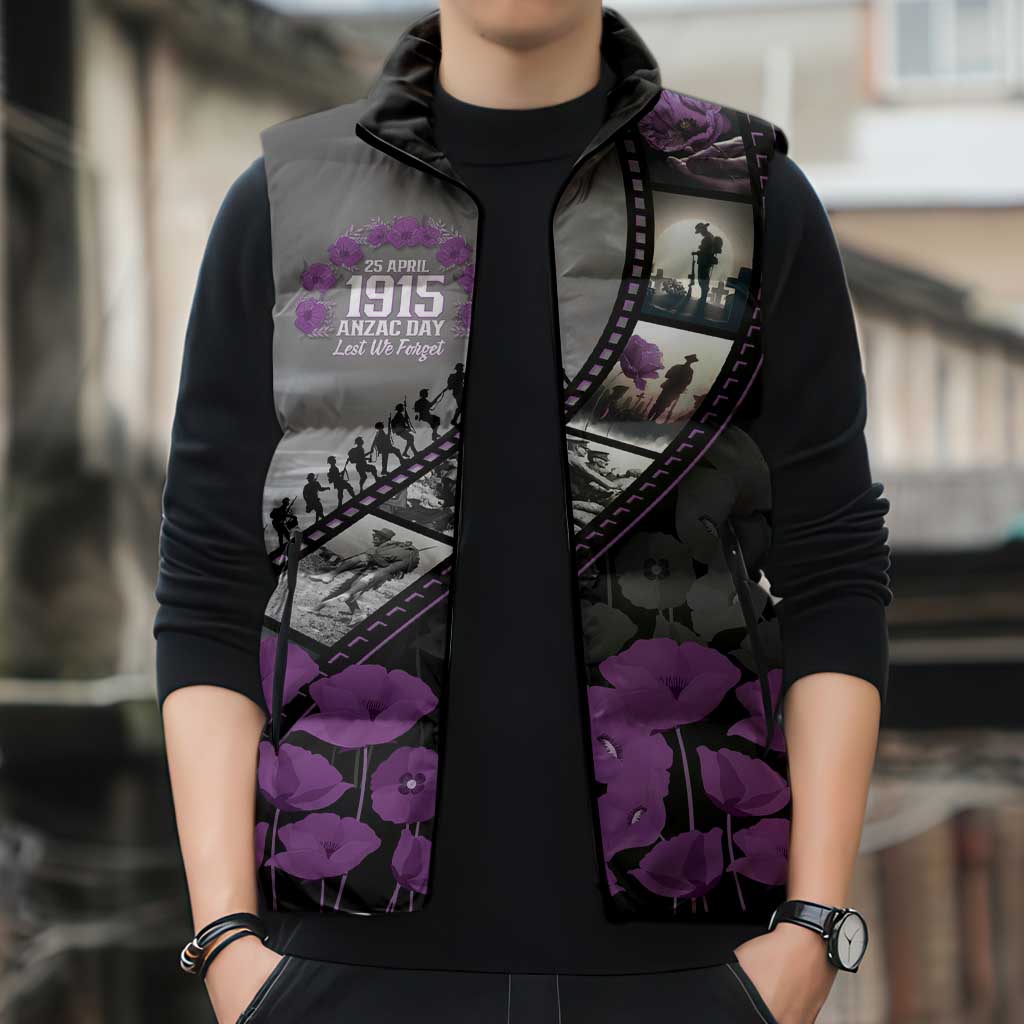 Personalised Remembering ANZAC Lest We Forget Sleeveless Puffer Jacket Vintage Film Frame Memorial Purple Poppy LT9 - Polynesian Pride
